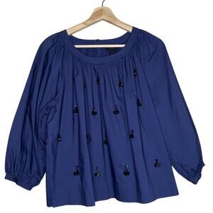 J. Crew Perfect Embellished Peasant Blouse Navy Blue/Black Size Medium A-Line